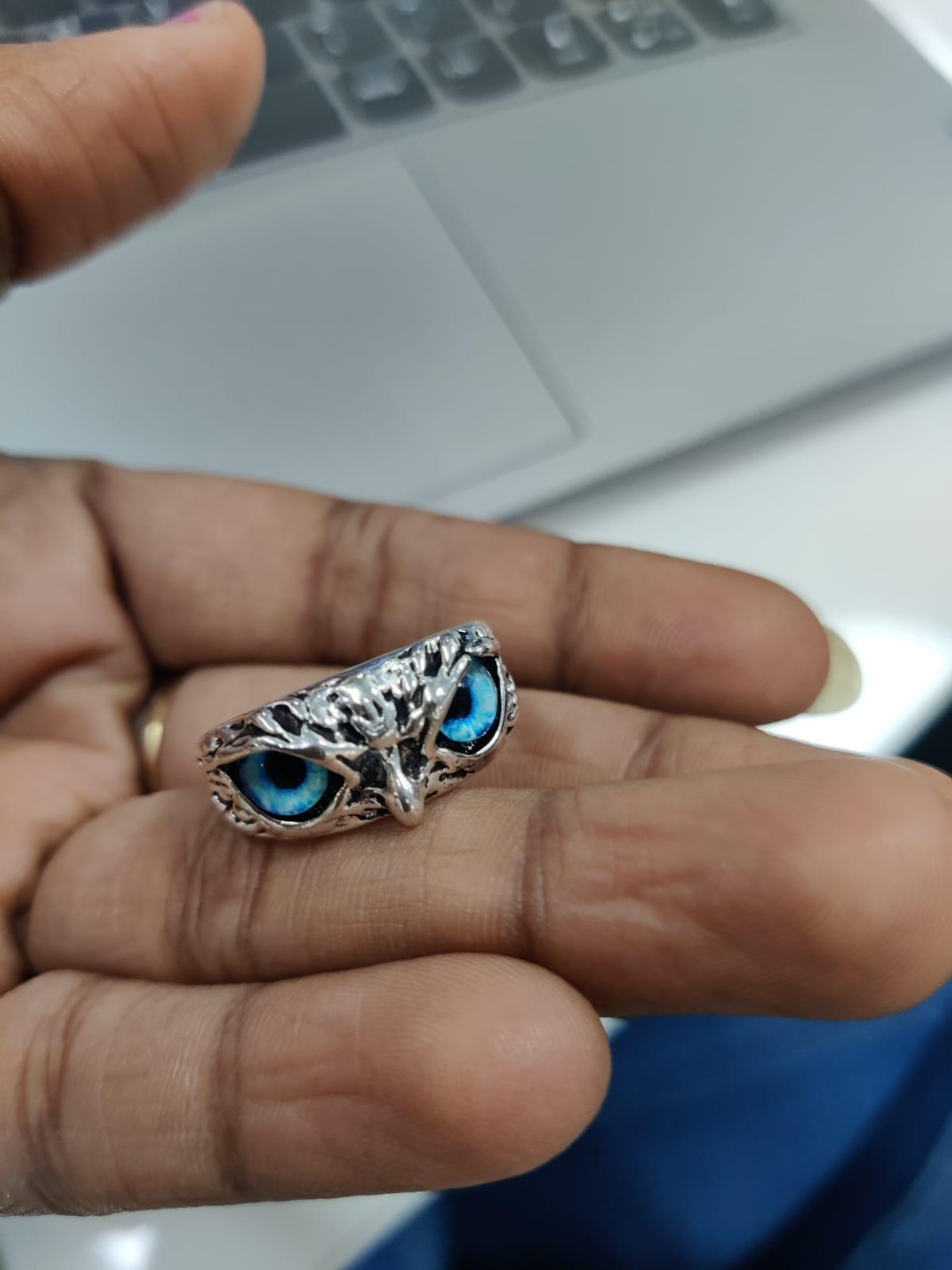 Silver Plated Owl Ring Pack of 2 | Adjustable Blue Eye Owl Ring for Men & Women | Vintage Boho Statement Ring
