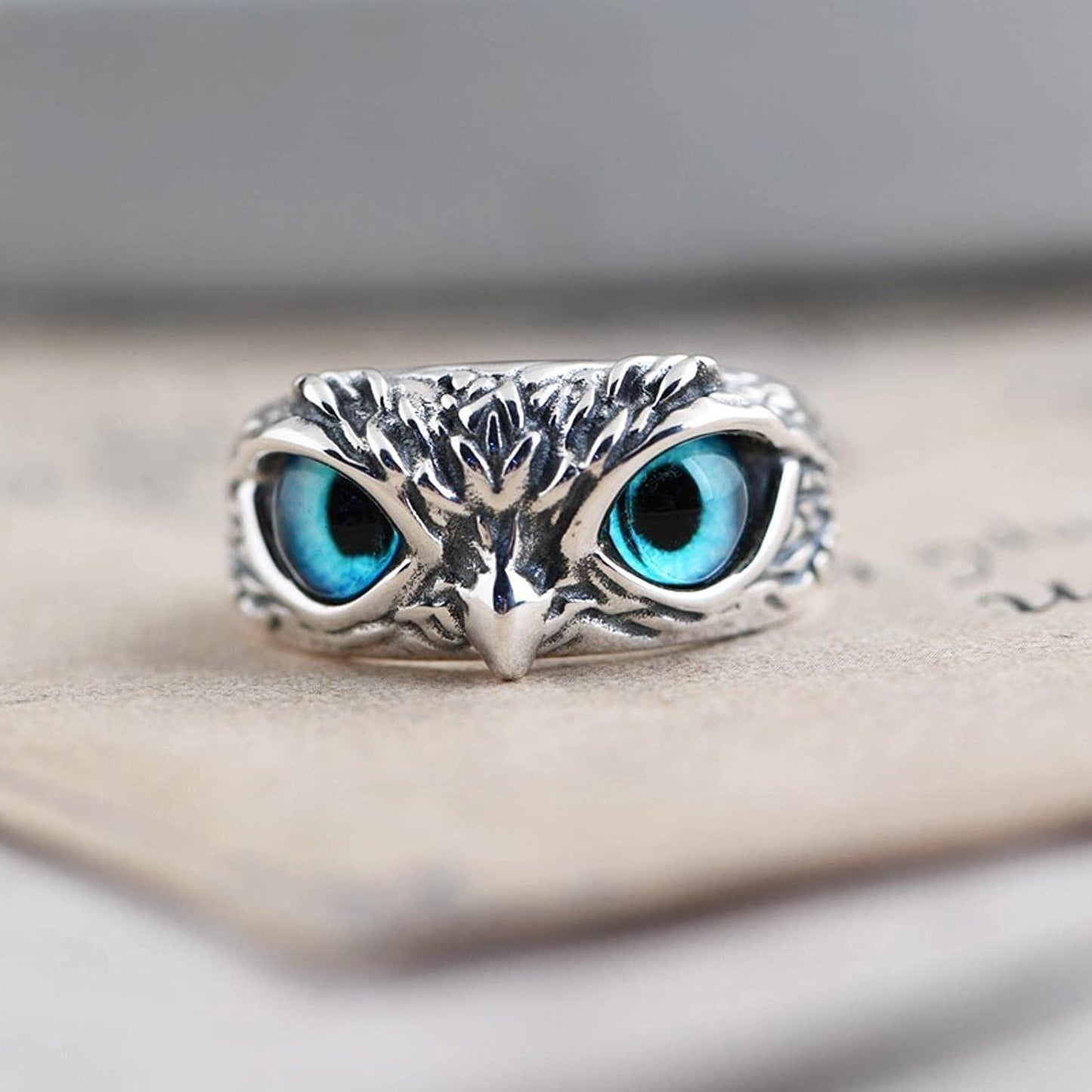 Silver Plated Owl Ring Pack of 2 | Adjustable Blue Eye Owl Ring for Men & Women | Vintage Boho Statement Ring
