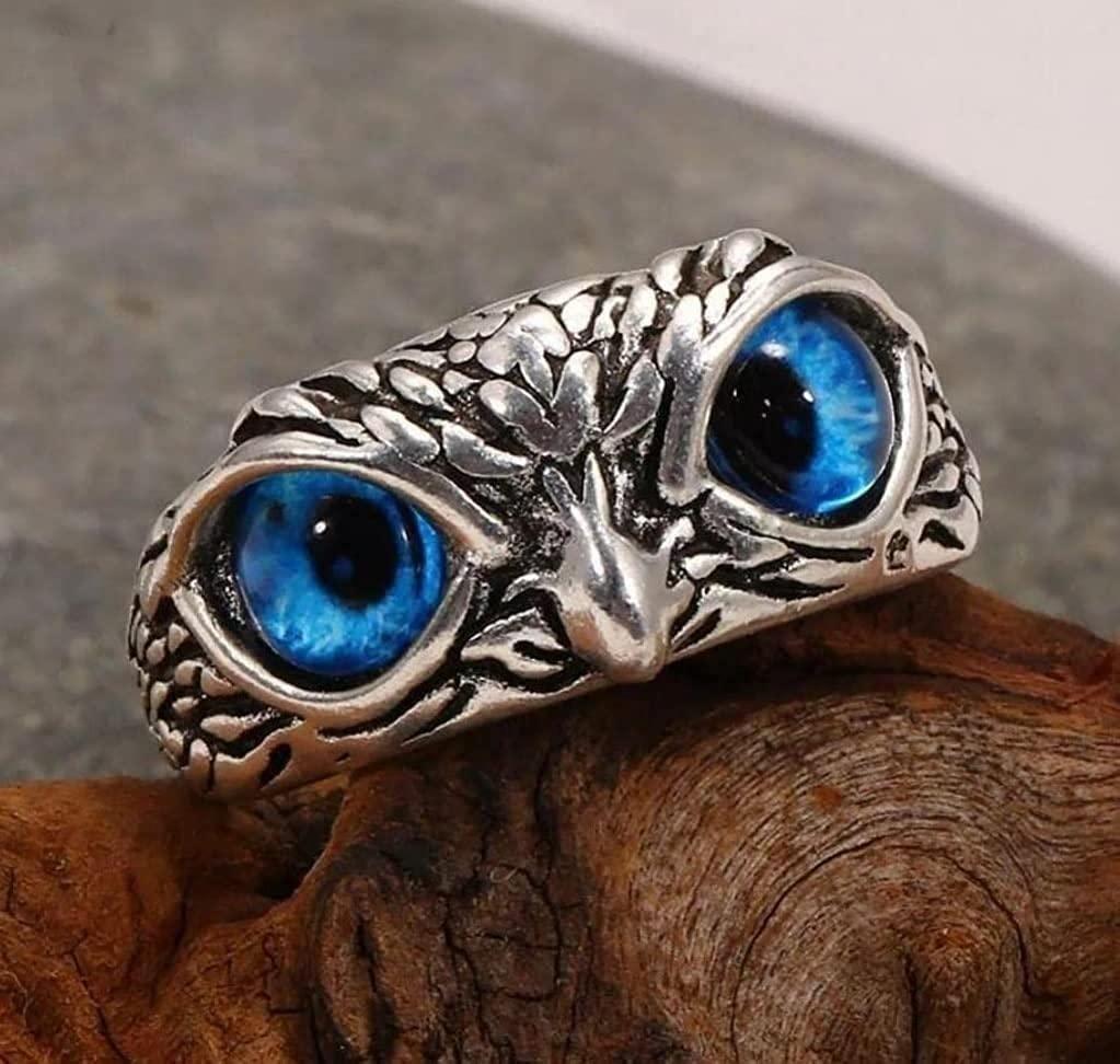 Silver Plated Owl Ring Pack of 2 | Adjustable Blue Eye Owl Ring for Men & Women | Vintage Boho Statement Ring