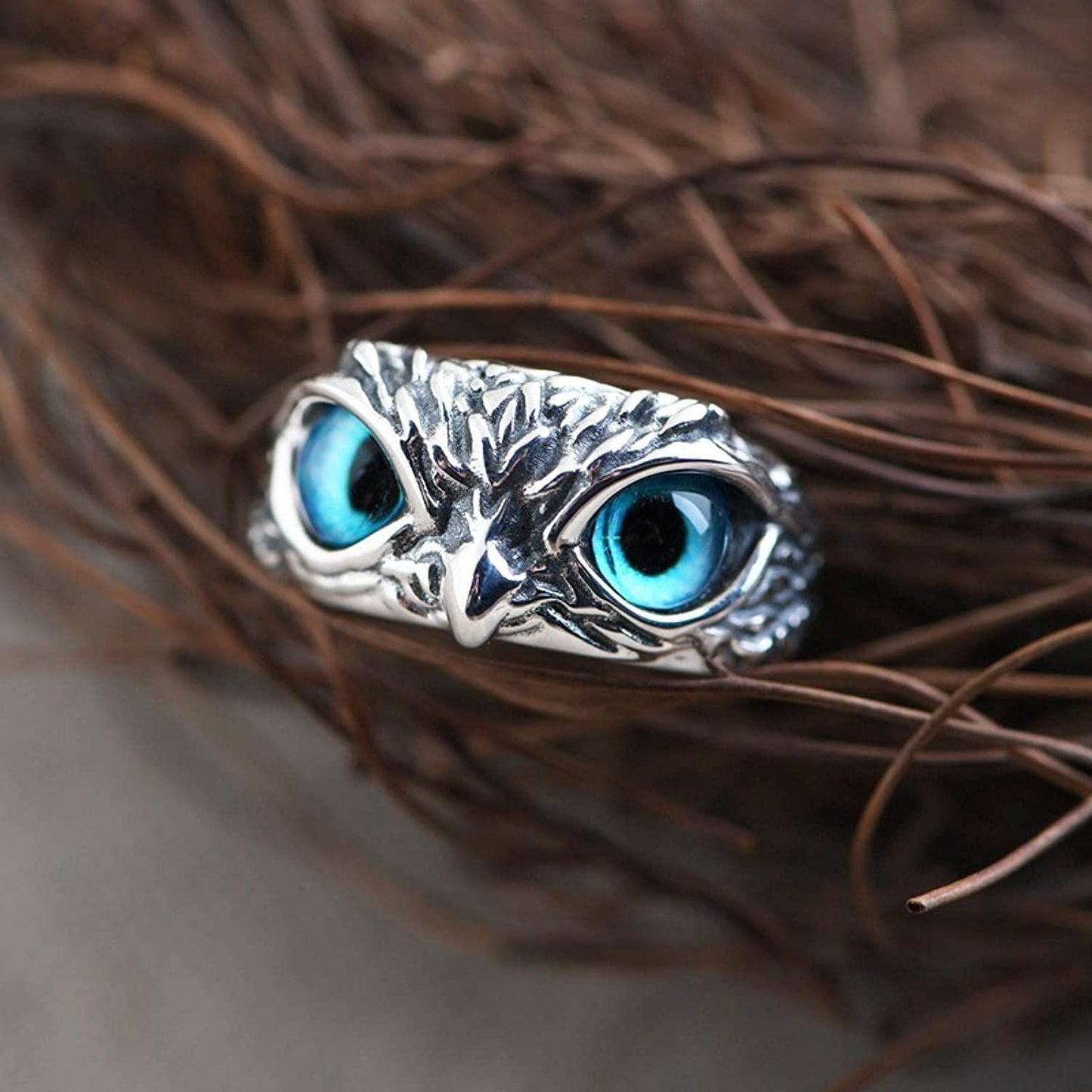 Silver Plated Owl Ring Pack of 2 | Adjustable Blue Eye Owl Ring for Men & Women | Vintage Boho Statement Ring